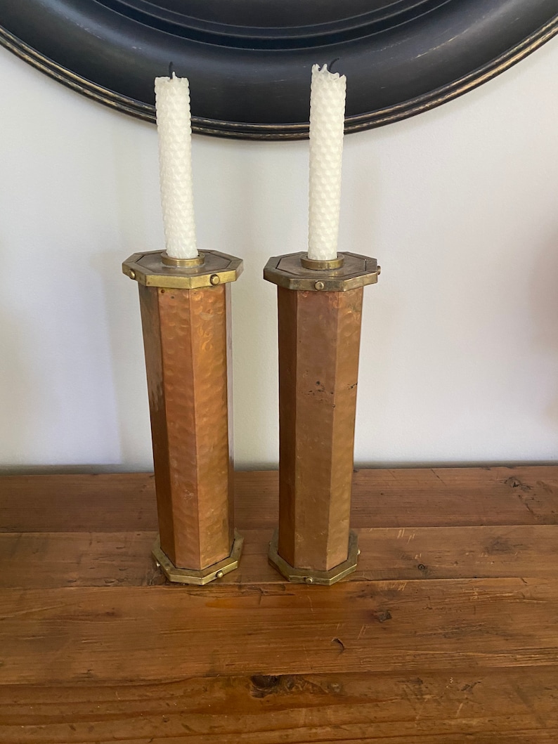 Hammered Copper and Brass Arts and Crafts Candlesticks Etsy