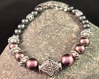 Beaded Bracelet with Pink, Black and Silver Beads