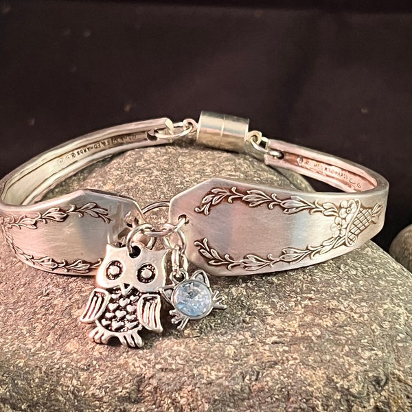 Handmade Silverplated Silverware Bracelet with Owl Charm