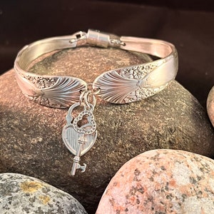 Vintage Silverware Bracelet with Heart and Skeleton Key Charm and Magnetic Closure