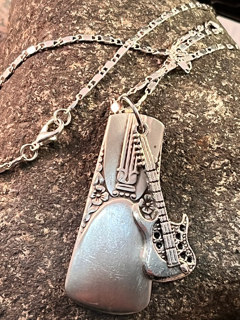 Electric Guitar on Silverware Pendant with Silver Plated Chain image 2