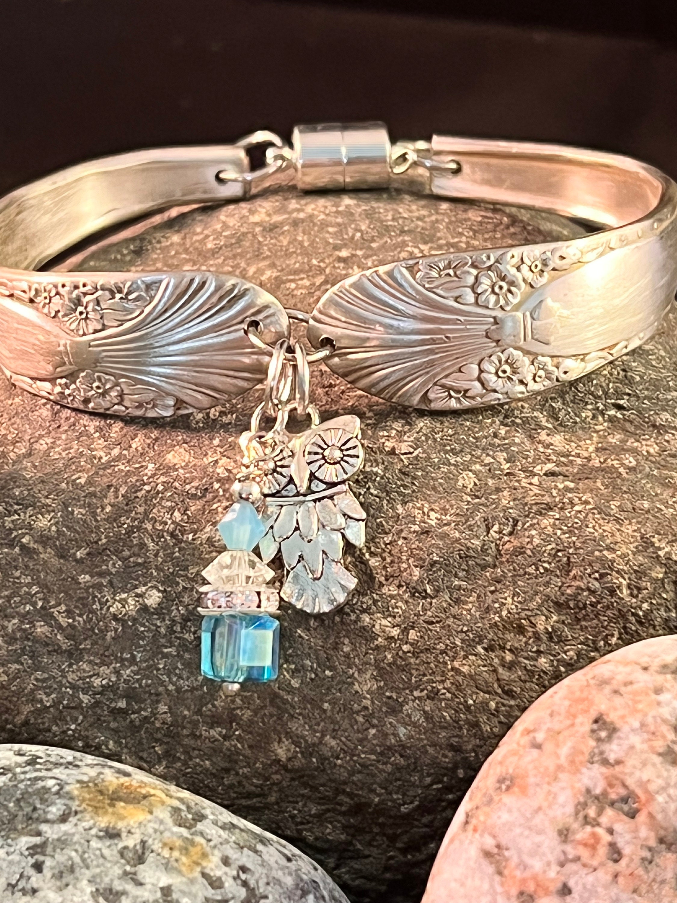 Silverplated Silverware with Owl Charm and Blue Charm and Magnetic Closure