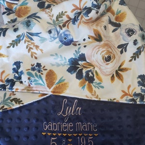 Personalized Floral Blanket - New Baby Gift - Navy Baby Blanket - Floral Girl Blanket - Baby Girl Shower Gift - Customized Baby Girl Blanket