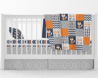 Tribal Fox Be Brave Little One, Baby Boy Crib Bedding, Orange Baby Boy Nursery, Navy, Modern Patchwork Quilt, Pleated Skirt, tribal arrows