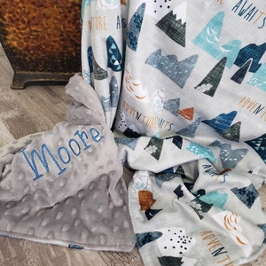 Kocyk Minky Mountain Personalizowany - Mountain Lovey - Spersonalizowany prezent na baby shower - Motyw górski - Przygoda czeka - Kołdra dla dzieci Mountains
