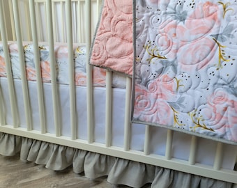 Princess Blush Briar Rose Crib bedding Set - Luscious Minky backed Quilt - Custom Blush Roses Crib Bedding - Personalized Baby Girl Bedding