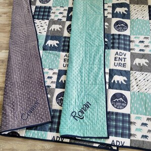 Woodland Personalized Navy Teal Toddler Quilt - Adventure Awaits Patchwork Quilt - Modern Toddler Bedding - Embroidered Toddler Quilt