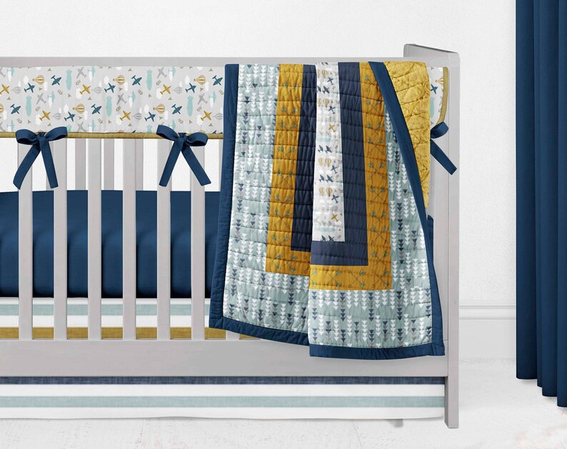 Vintage Airplane Hot Air balloon MINI CRIB Bedding Navy ...