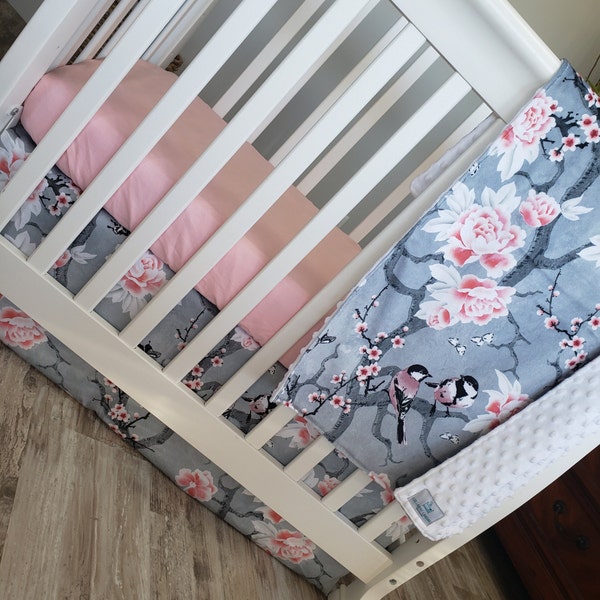Cherry Blossom Baby Girl Crib Bedding - Oriental Nursery Bedding - Pink Peony - Sakura Blossom - Chinoiserie Birds - Chinese Nature -