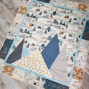 Adventure Awaits Crib Bedding, Blue gold mint, Mountains quilt, crib skirt, crib sheet, rail guard, baby blanket, patchwork, gender neutral