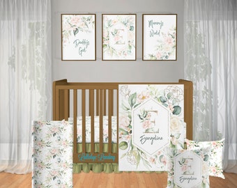 Personalized Baby Girl Crib Bedding Set, Floral Sage Crib Bedding, Baby Girl Nursery Bedding, Pink Sage Crib Bedding, Floral Diaper Backpack