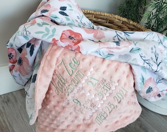 Manta de hibisco con flores de prado - Manta moderna con flores de prado para bebé - Gris salvia coral - Regalo para baby shower de niña - Manta personalizada para bebé