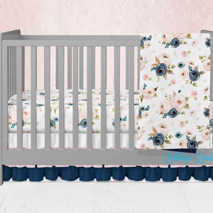 Floral crib bedding navy blue Blush Pink, Baby Quilt, crib ruffle skirt, floral crib sheet, baby blanket, nursery