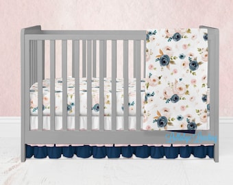 Floral crib bedding navy blue Blush Pink, Baby Quilt, crib ruffle skirt, floral crib sheet, baby blanket, nursery