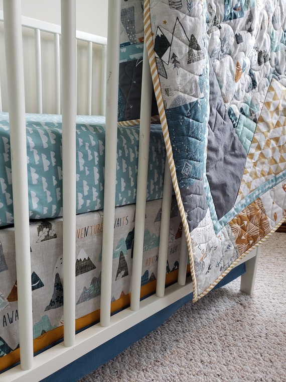 Adventure Awaits Mini Crib Bedding Blue 