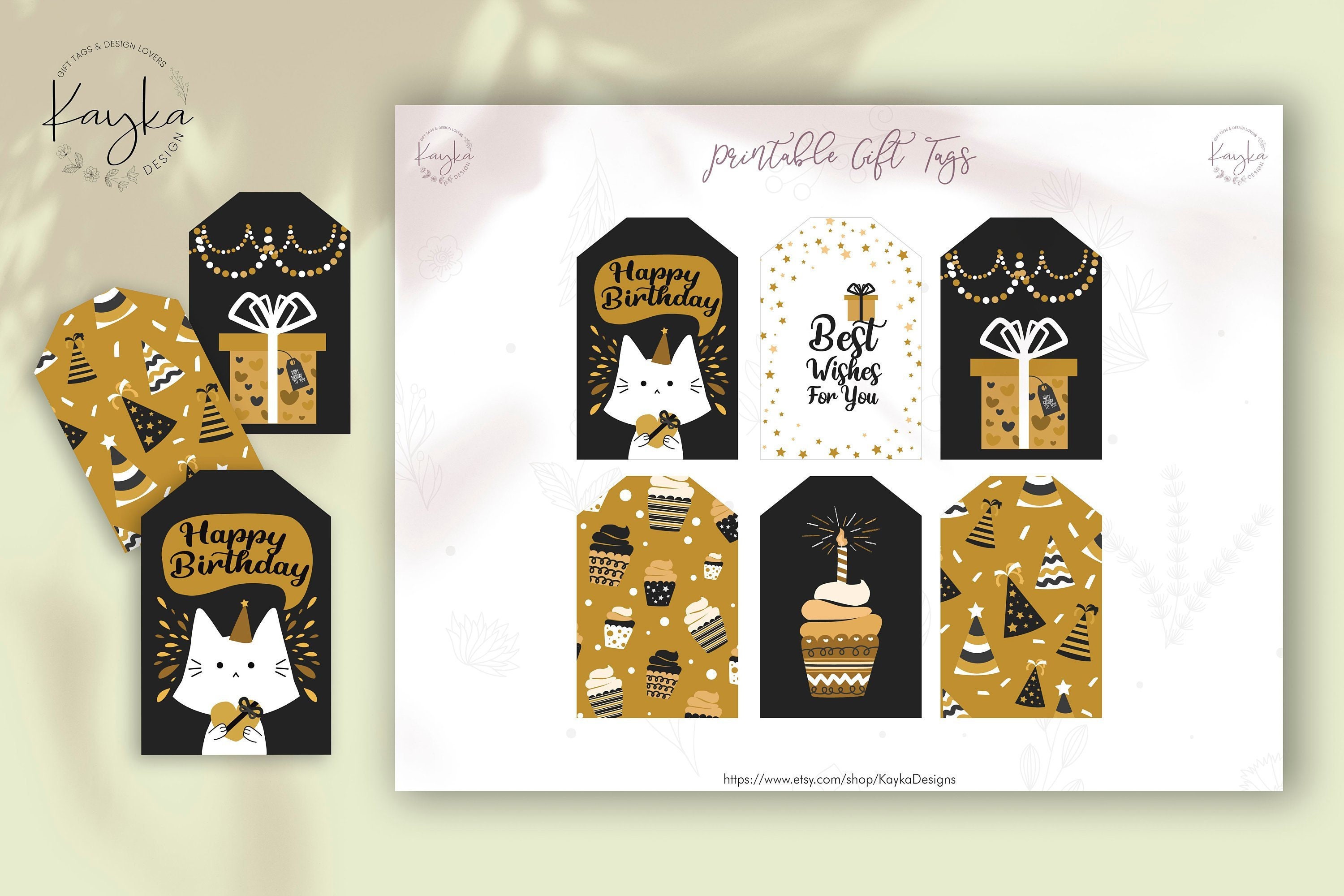 Printable Happy Birthday Gift Tags Black And Gold Birthday Etsy