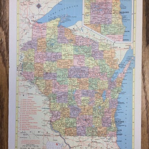 Wisconsin ou Wyoming grande carte - 1955 Hammond nouveau monde suprême Atlas - Vintage