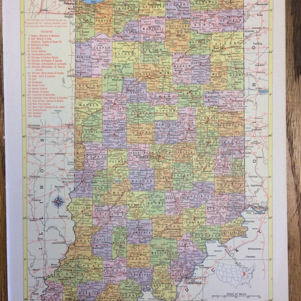 Indiana or Iowa Large Map - 1955 Hammond's New Supreme World Atlas - Vintage