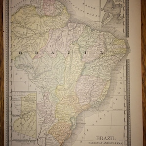 Brazil, Paraguay, Guayana or Southern Portion of South America Large Map - 1888 Rand McNally Standard World Atlas - Antique