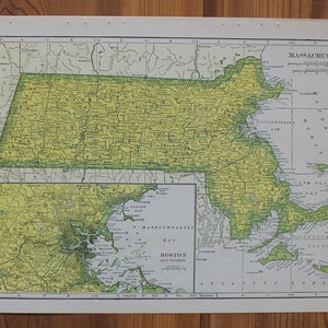 Massachusetts (with inset of Boston & vicinity) or Michigan Large Map, 1943 Columbia Standard Illustrated World Atlas, Antique Map