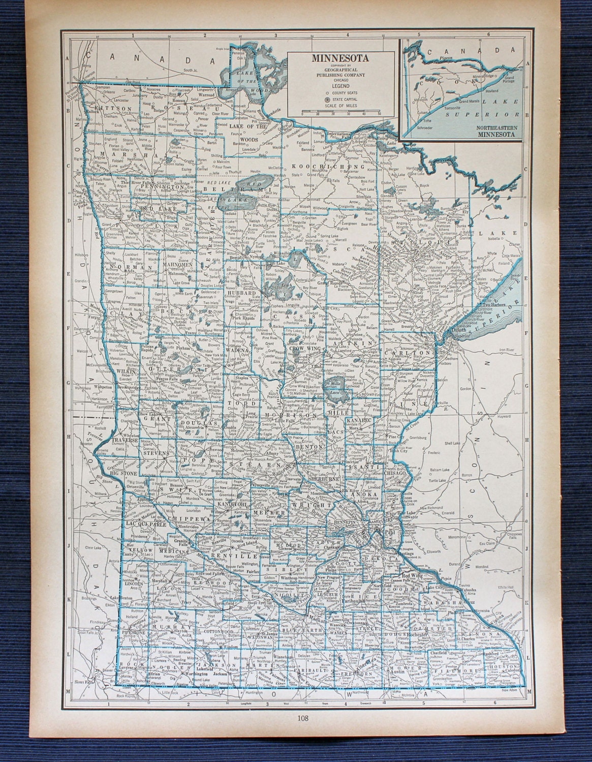 Michigan Map or Minnesota Map Large Map 1941