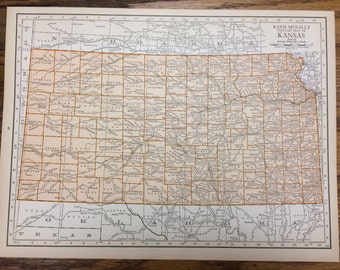 Kansas or Nebraska Large Map - 1925 The Columbian Atlas - Antique Rand McNally