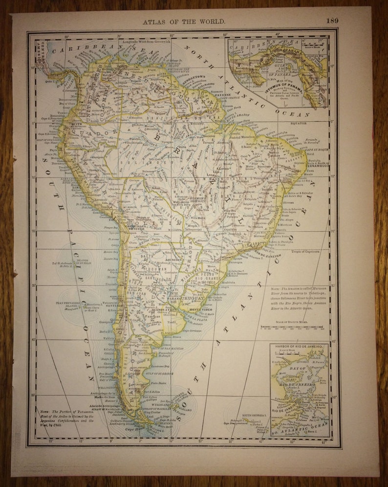 South America or Northern Portion of South America Large Map 1888 Rand McNally Standard World Atlas Antique image 1