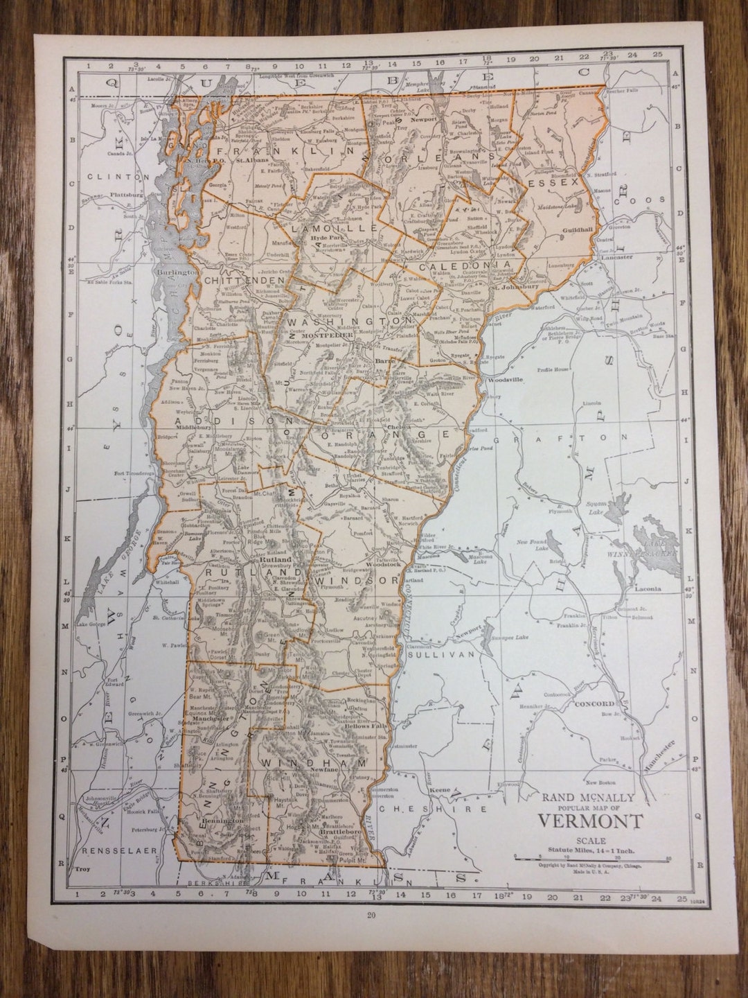 Vermont or New Hampshire Large Map 1925 the Columbian Atlas Antique