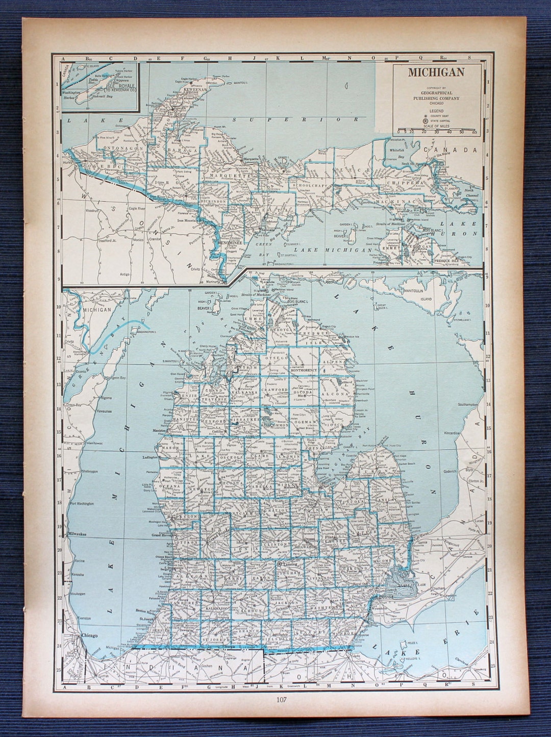 Michigan Map or Minnesota Map - Large Map - 1941 New International
