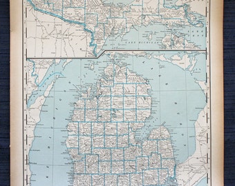 Michigan Map or Minnesota Map -  Large Map - 1941 New International Atlas of the World - Vintage