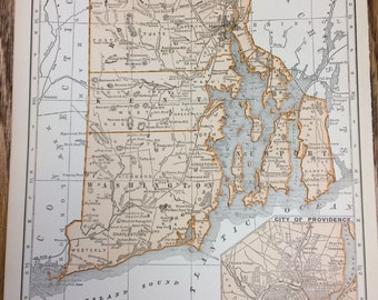 Mapa grande de Rhode Island o Massachusetts - 1925 el Atlas colombiano - antiguo Rand McNally