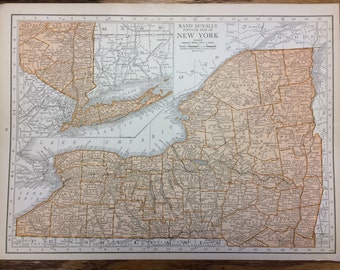 New York State or Connecticut Large Map,1925 The Columbian Atlas,Antique Rand McNally