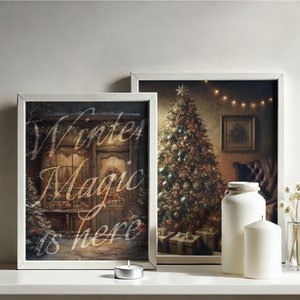 Stampe di auguri di Natale vintage, set di 2 poster di Natale, biglietti di auguri stampabili, regalo di decorazioni natalizie magiche invernali, regalo di arte natalizia classica