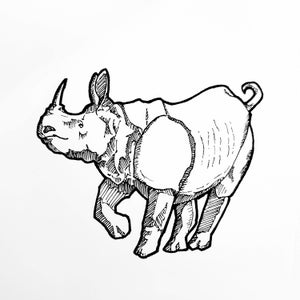 Könnte beinhalten: Eine Schwarzweiß-Zeichnung eines Nashorns. Das Nashorn ist im Profil dargestellt, mit dem Kopf nach links gedreht und dem Horn sichtbar. Das Nashorn geht mit gebeugten Beinen, als ob es vorwärts ginge.
