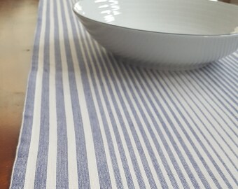 Blue and Cream Stripe Table Runner, Farmhouse Table Runner, Casual Table Runner, Sack Fabric Table Runner, Rustic Table Runner