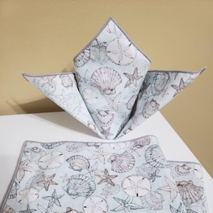 Beach Napkins, Seashell Fabric Napkins, Cloth Napkins, Reusable Napkins, Cloth Liners, Serged Napkins, Set of 2 Napkins, Summer Napkins
