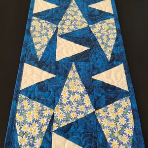 Blue Table Runner, Quilted Table Runner, Pieced Table Runner, Floral Table Runner, 11.75 x 35 inch Table Runner