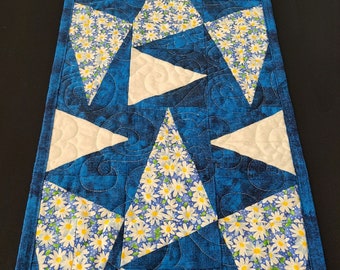 Blue Table Runner, Quilted Table Runner, Pieced Table Runner, Floral Table Runner, 11.75 x 35 inch Table Runner