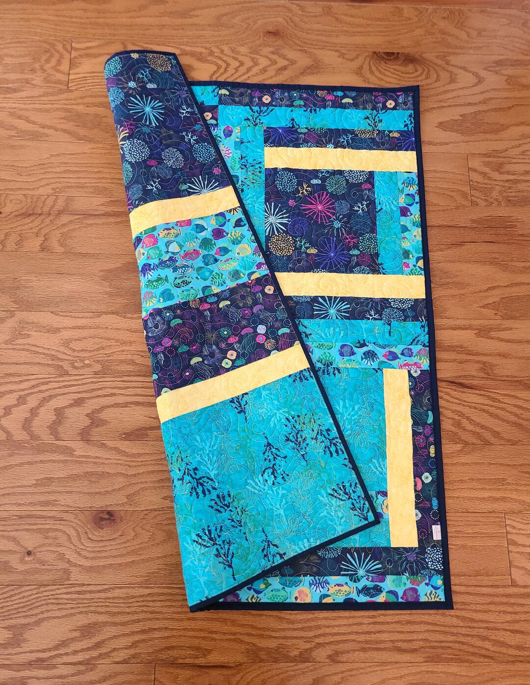 Reversible Baby Quilt in Organic Cotton - Little Fish Design (100x120cm) - Soft Blue main image 1