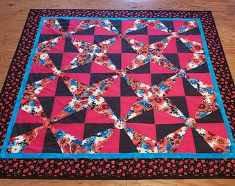 Repurposed Quilt, Floral Quilt, Lap Quilt, Small Quilt, Black and Red Quilt