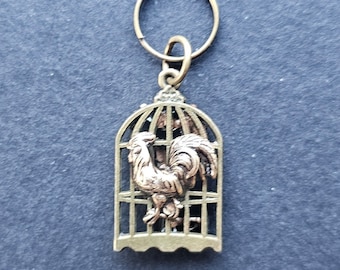 KR07- I Love Caged Cocks Antique Brass or Silver Keyring for Chastity  Small Cage and Cock    , Femdom, Hotwife, Cuckold, KeyHolder