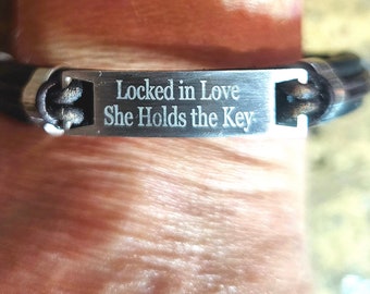 B01Ghost- Man's Leather and Stainless Steel Engraved Bracelet  Ghost Lettering Chastity,  Hotwife, FEMDOM, Cuckold