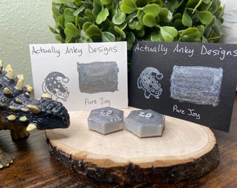 May include: Two cards with the text "Actually Anky Designs" and the name "Pure Joy" written on them. The cards are next to two silver glitter resin dice with the number 20 on them. The cards have a small cartoon dinosaur on them.