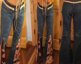 Embellished Lace-Up Bell Bottom Jeans, Upcycled Boho Festival Pants, Size 5