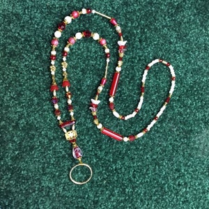 Handmade Red & White Crystal Beaded ID Jewelry Badge Holder on Gold-tone 952
