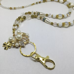 Beaded Lanyard for ID Badge Handmade White Pearls on Gold Tone with ClearCrystal & Czech Glass Beads Badge Holder Gift for healthCare
