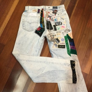Vintage Tagged n Patchwork upcycled reworked embellished OOAK Handmade 501 Levi&#39;s Jeans 30x30