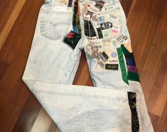 Vintage Tagged n Patchwork upcycled reworked embellished OOAK Handmade 501 Levi's Jeans 30x30