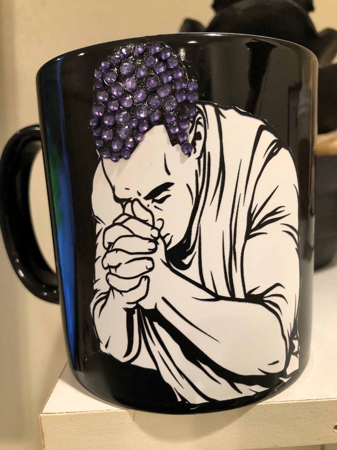 Handmade Black Soup Mug With Afro Man Praying With Rhinestones Etsy