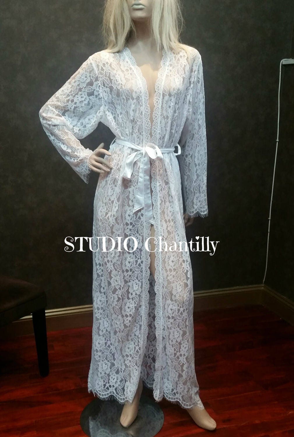 Long Sheer Robe Womens Long Robe Floor Length Lace Bridal